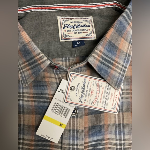 Flag&Anthem Mens Plaid Shirt Button Up Burnout Medium Navy Coral Lightweight NWT - Picture 3 of 13